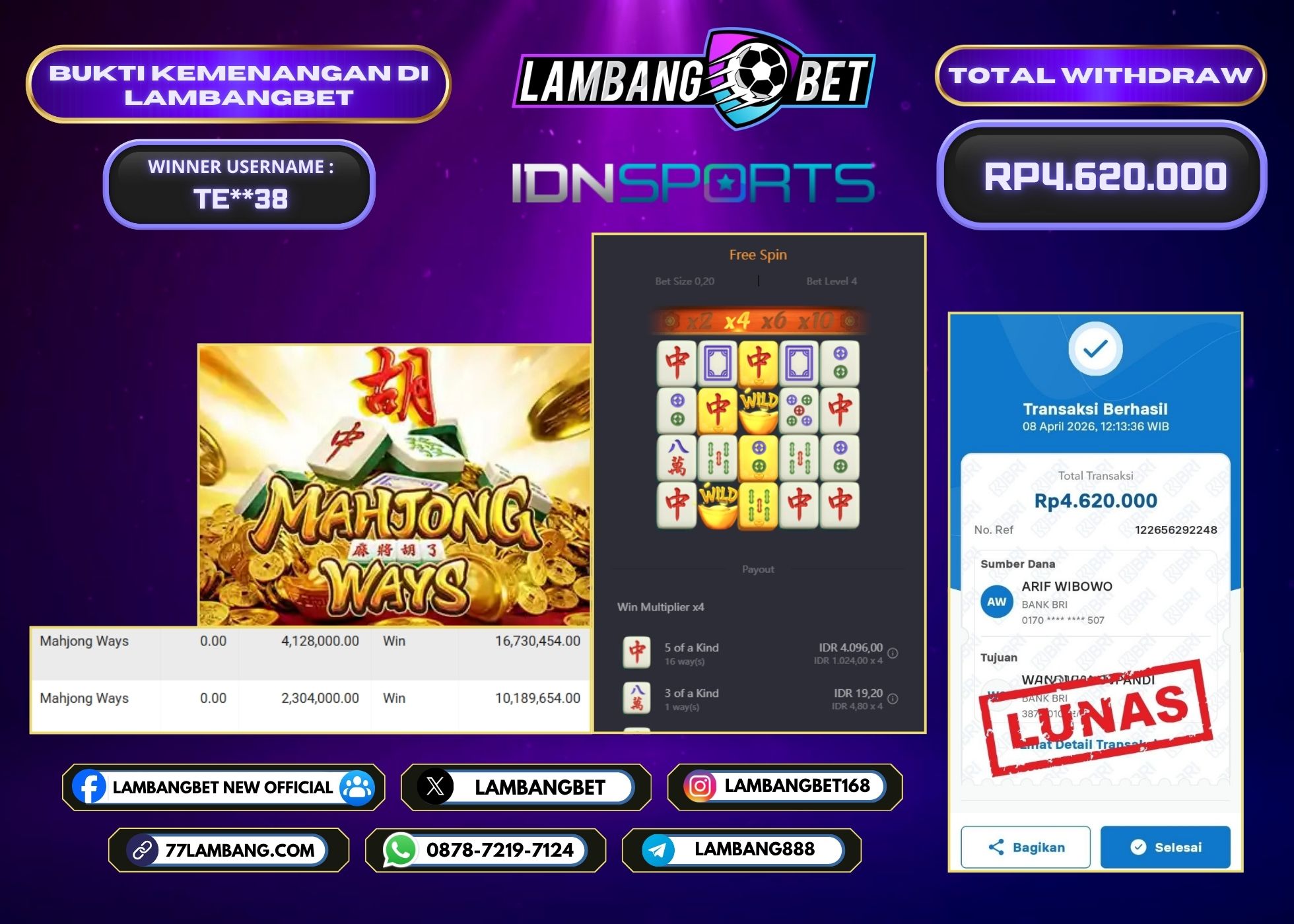 LAMBANGBET [8 APRIL 2026] JACKPOT SLOT Mahjong Ways "Rp4.620.000" LUNAS