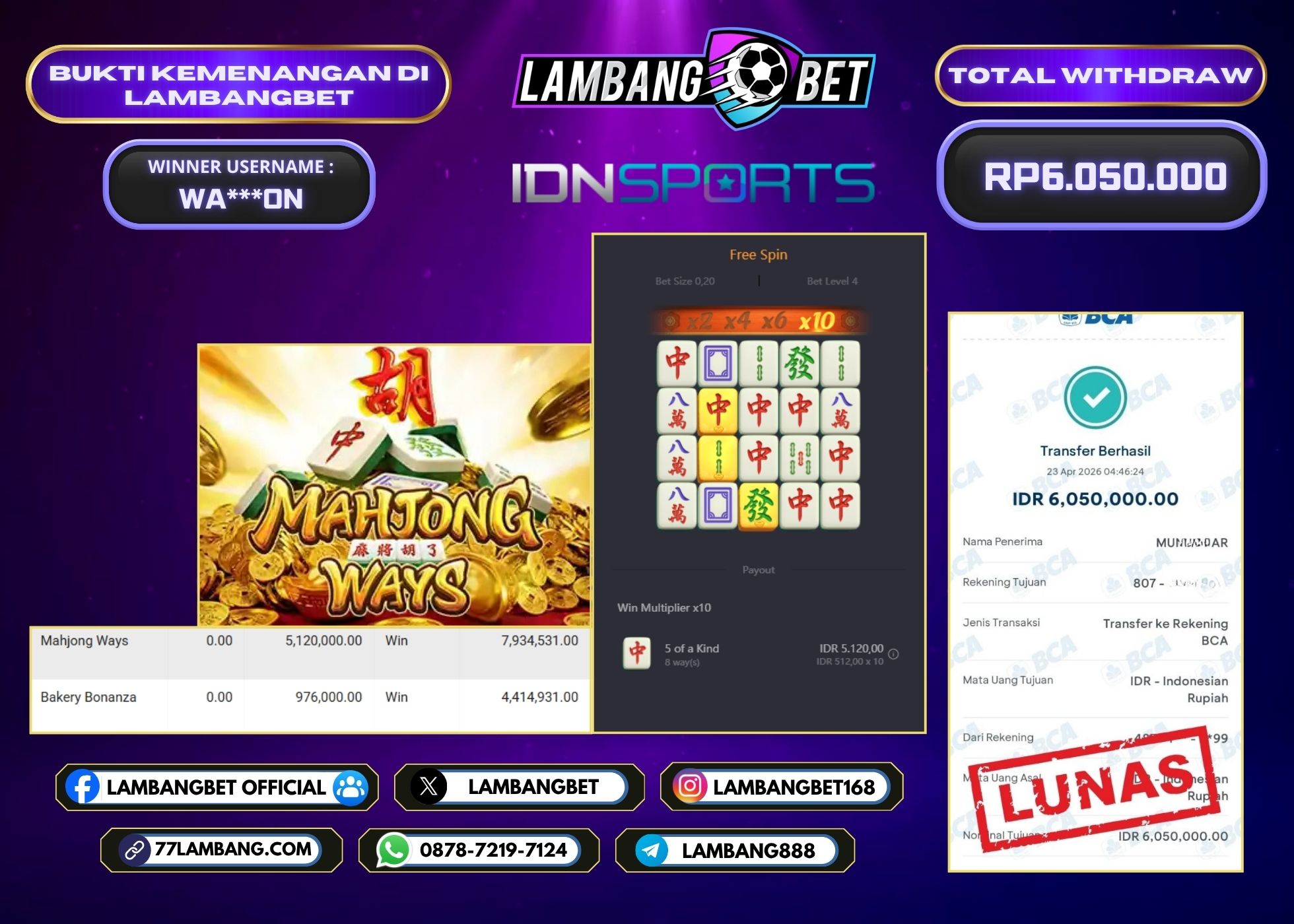 LAMBANGBET [23 APRIL 2026] JACKPOT SLOT Mahjong Ways "Rp6.050.000" LUNAS