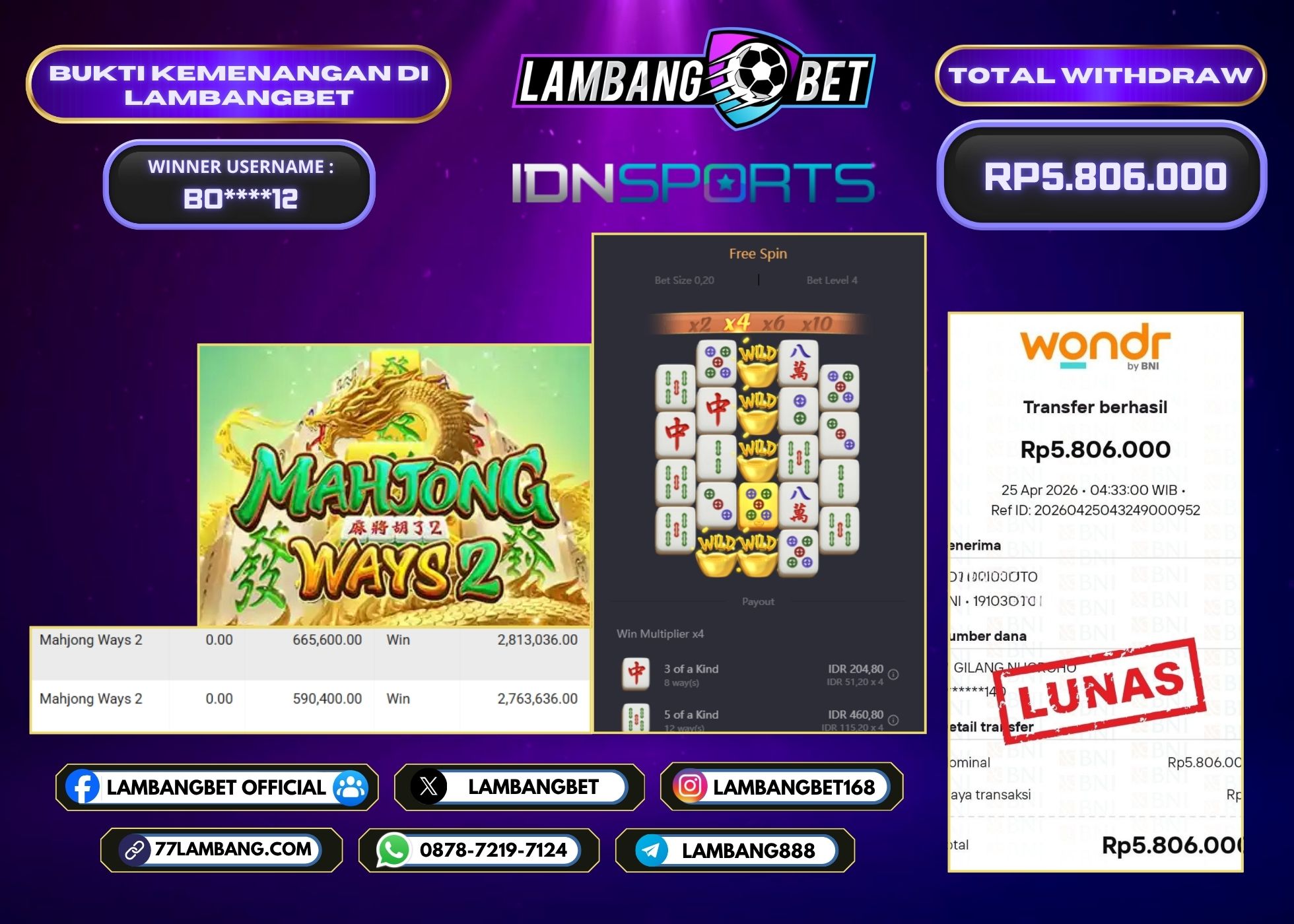 LAMBANGBET [25 APRIL 2026] JACKPOT SLOT Mahjong Ways 2 "Rp5.806.000" LUNAS